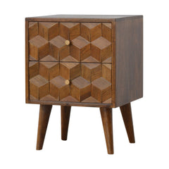 Chestnut Cube Carved Bedside Nightstand, Nordic Legs, 2-Drawers, Brown