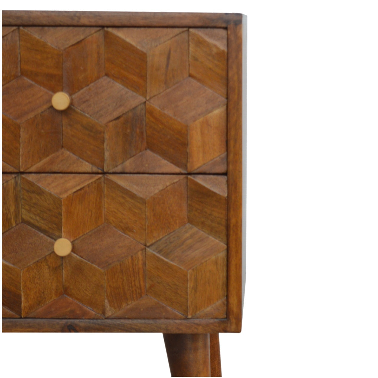 Chestnut Cube Carved Bedside Nightstand, Nordic Legs, 2-Drawers, Brown