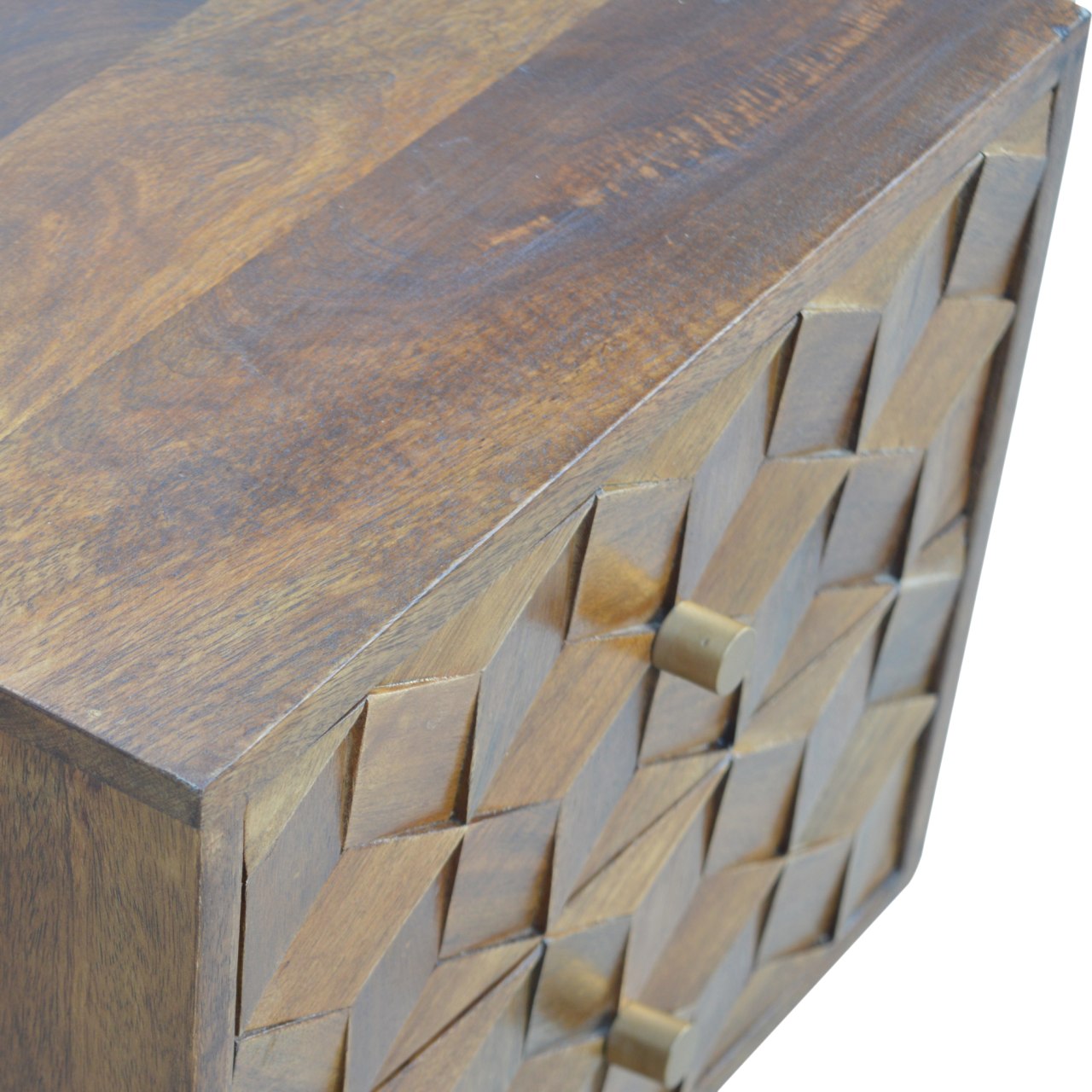 Chestnut Cube Carved Bedside Nightstand, Nordic Legs, 2-Drawers, Brown