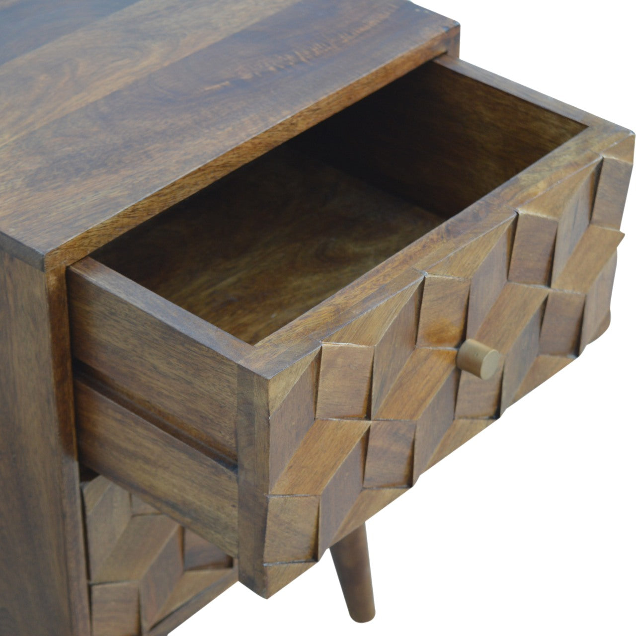 Chestnut Cube Carved Bedside Nightstand, Nordic Legs, 2-Drawers, Brown