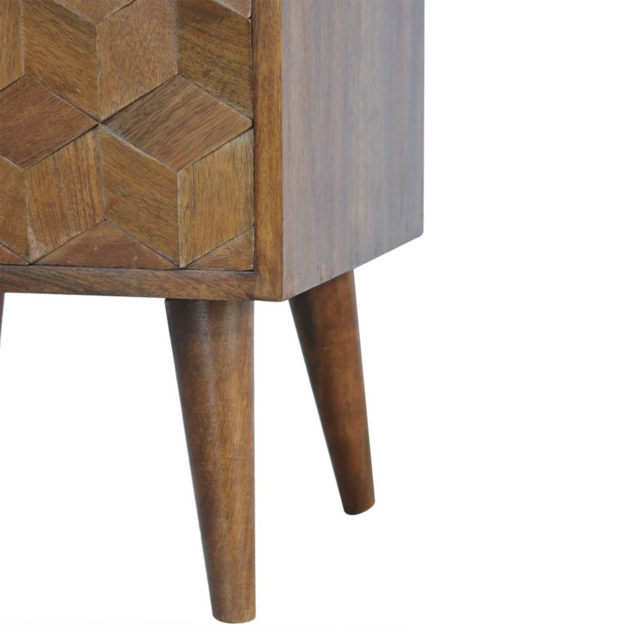 Chestnut Cube Carved Bedside Nightstand, Nordic Legs, 2-Drawers, Brown