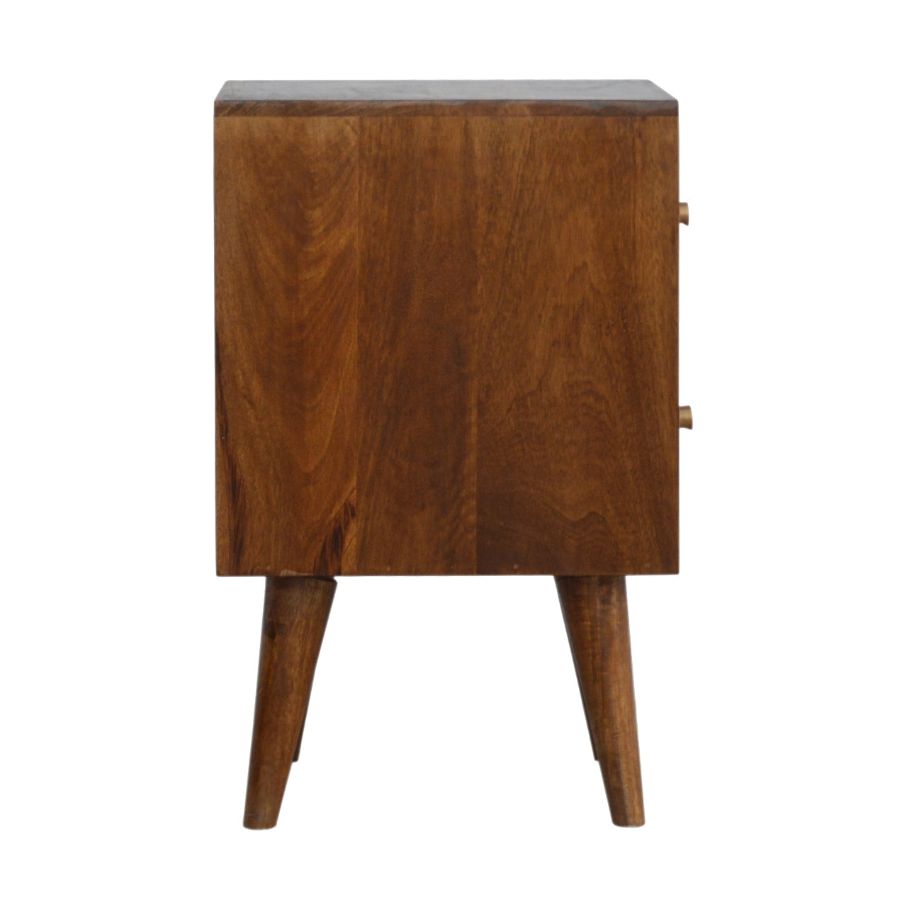Chestnut Cube Carved Bedside Nightstand, Nordic Legs, 2-Drawers, Brown