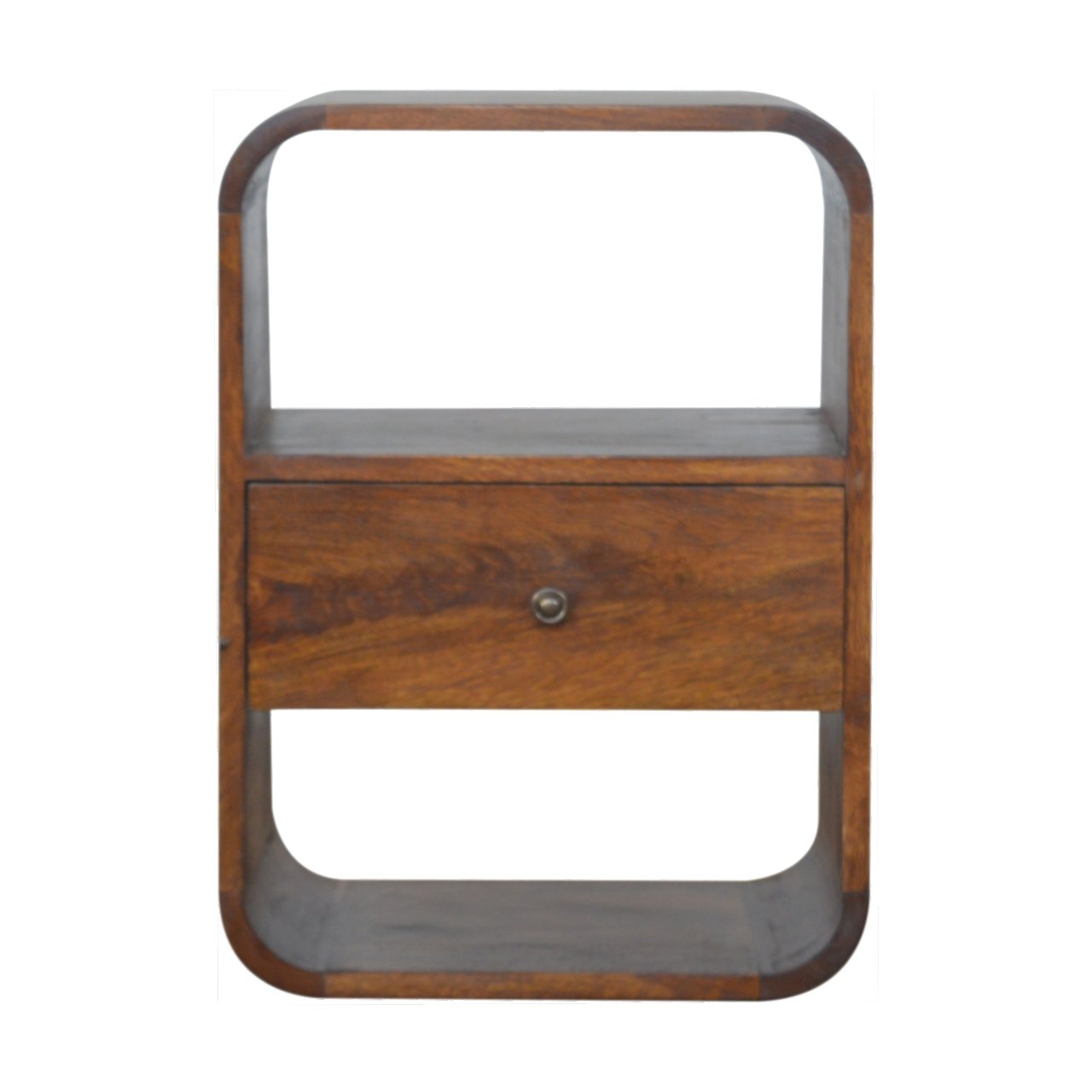 Solid Wood Chestnut Curved Edge Nightstand, 1-Drawer, 2 Open Slots, Brown