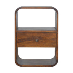 Solid Wood Chestnut Curved Edge Nightstand, 1-Drawer, 2 Open Slots, Brown