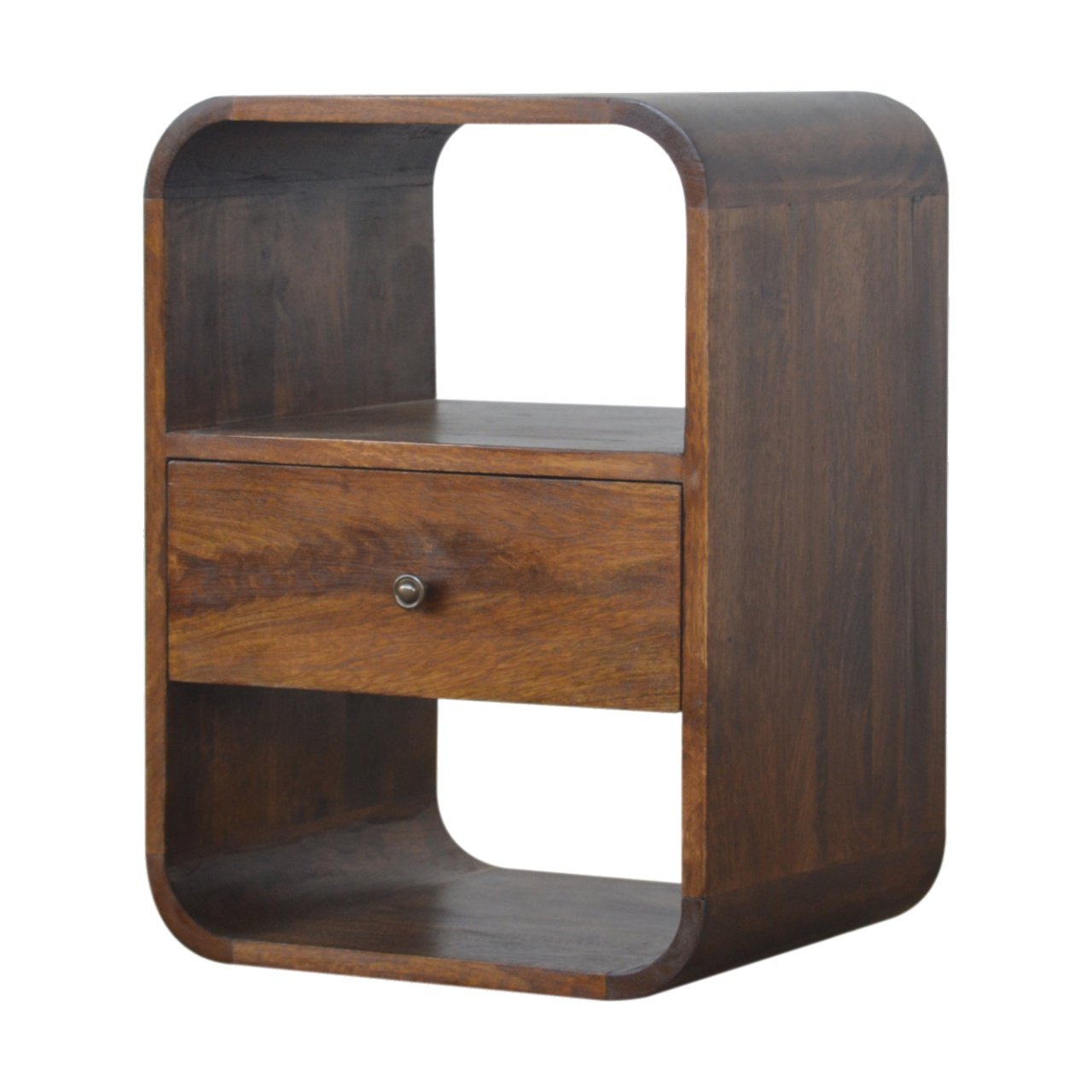 Solid Wood Chestnut Curved Edge Nightstand, 1-Drawer, 2 Open Slots, Brown
