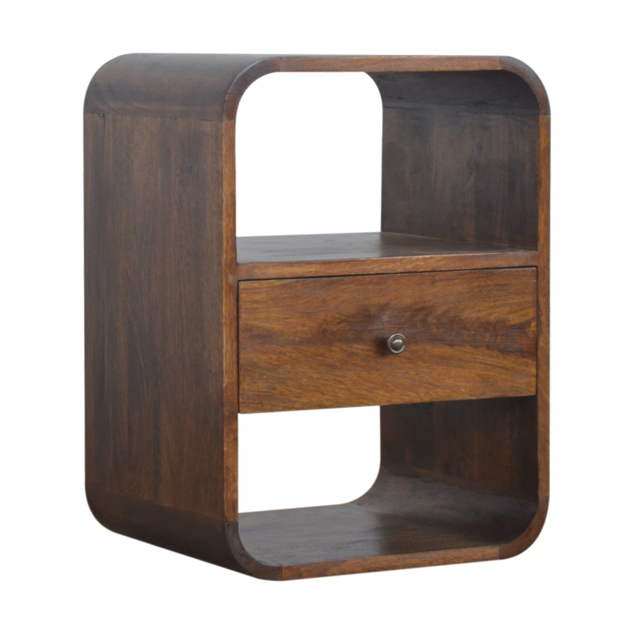 Solid Wood Chestnut Curved Edge Nightstand, 1-Drawer, 2 Open Slots, Brown