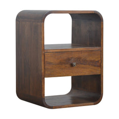 Solid Wood Chestnut Curved Edge Nightstand, 1-Drawer, 2 Open Slots, Brown