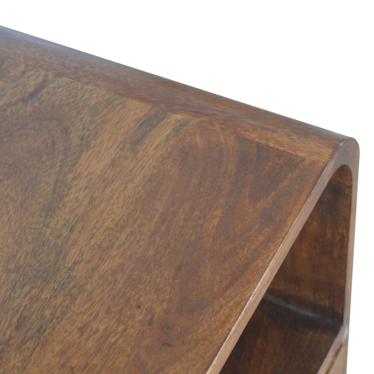 Solid Wood Chestnut Curved Edge Nightstand, 1-Drawer, 2 Open Slots, Brown