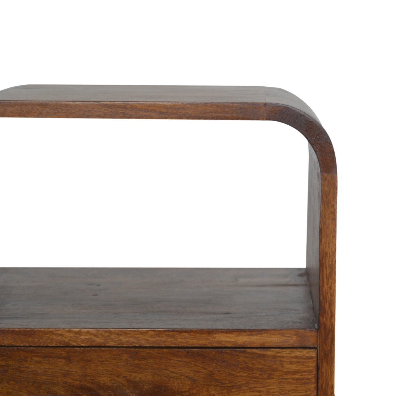 Solid Wood Chestnut Curved Edge Nightstand, 1-Drawer, 2 Open Slots, Brown