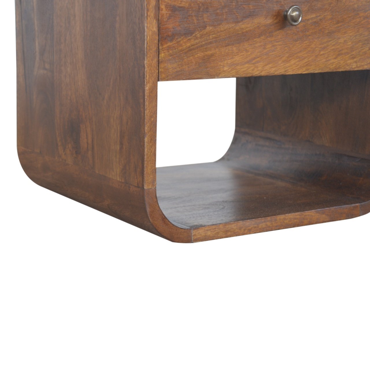 Solid Wood Chestnut Curved Edge Nightstand, 1-Drawer, 2 Open Slots, Brown