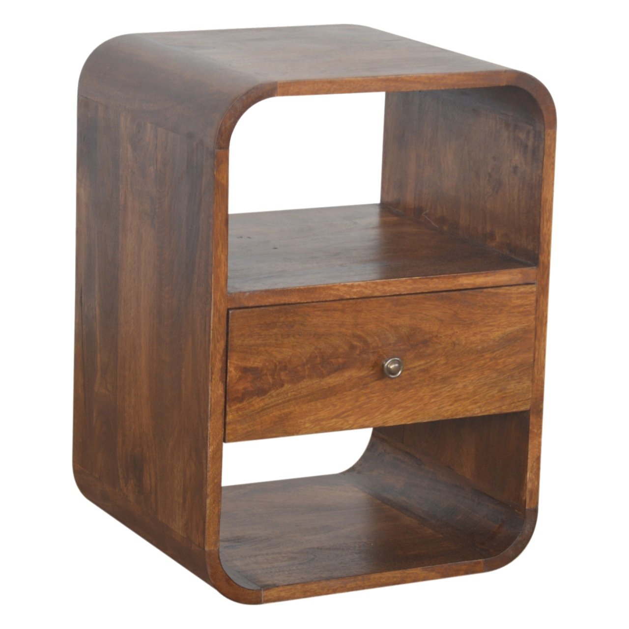 Solid Wood Chestnut Curved Edge Nightstand, 1-Drawer, 2 Open Slots, Brown