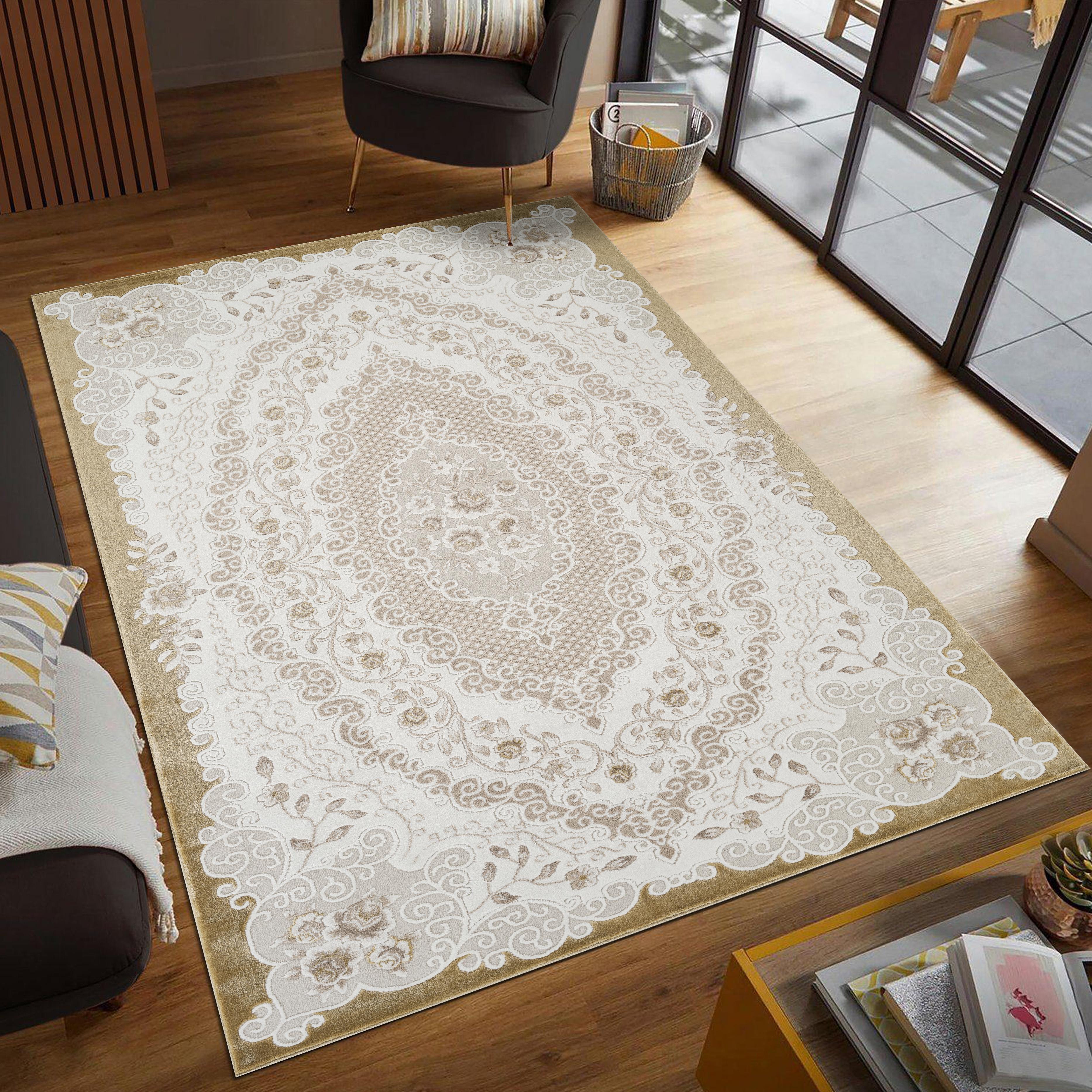 Traditional French Floral Damask Medallion Beige & Gold Area Rug & Runner – 17456 Beige Gold