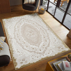 Traditional French Floral Damask Medallion Beige & Gold Area Rug & Runner – 17456 Beige Gold