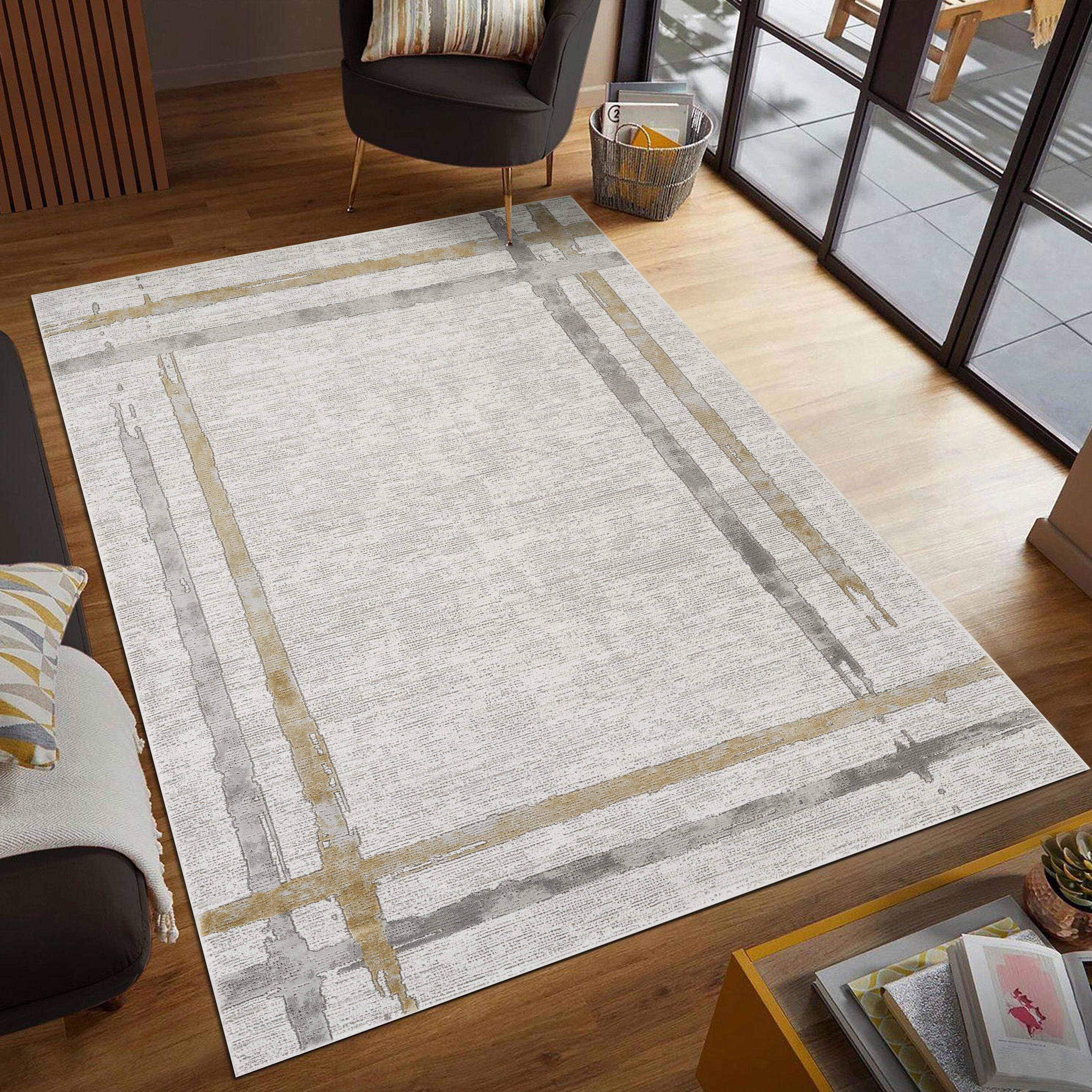 Modern Abstract Brushstroke Bordered Grey & Gold Area Rug & Runner – 67747 Grey Gold