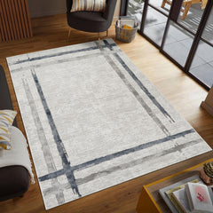 Modern Abstract Brushstroke Bordered Grey & Blue Area Rug & Runner – 67747 Grey Blue