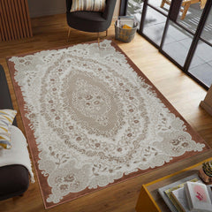 Traditional French Floral Damask Medallion Beige & Rose Area Rug & Runner – 17456 Beige Rose